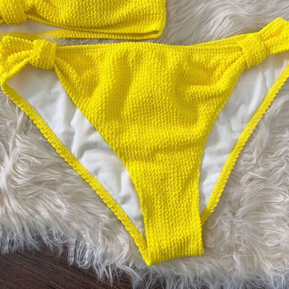 Nwot Yellow Scrunched Waffle Textured Bikini Two Piece Swim L